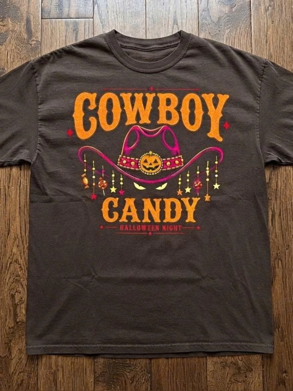 Cowboy Candy Halloween Tee - Brown with Orange & Pink Graphic